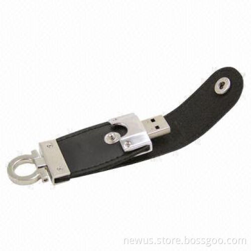 Leather USB Flash Drive with Shiny Keyring and 64MB to 32GB Capacity, Customized Colors Welcomed